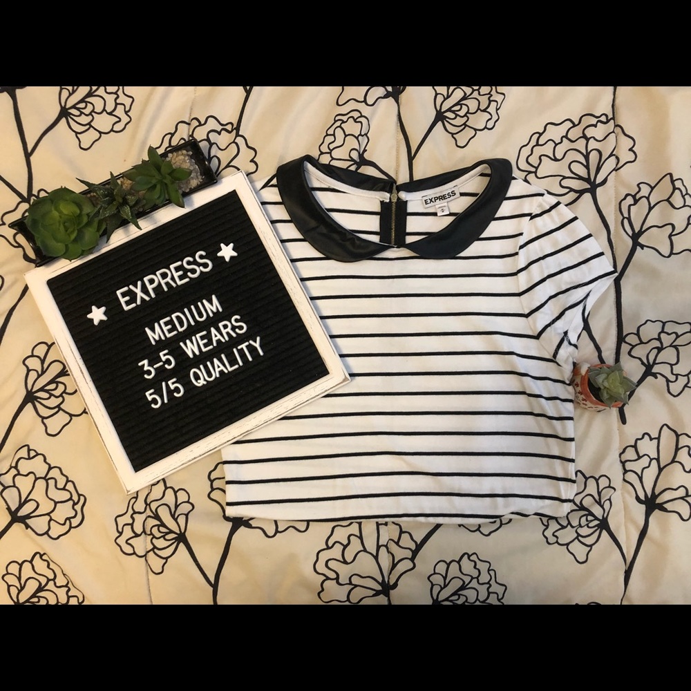 [ Express ] Leather Peter Pan Collar Striped Top
